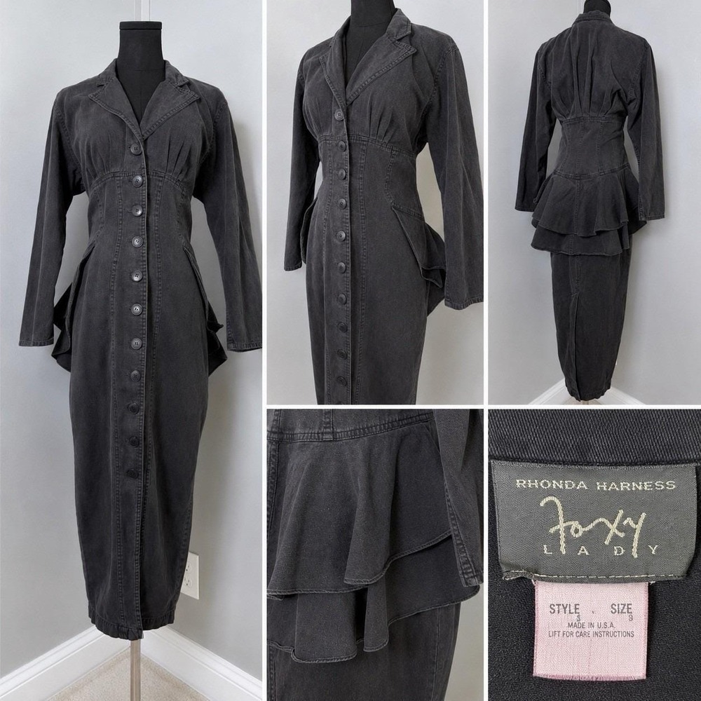 Vtg Rhonda Harness Foxy Lady Black Denim Corset Maxi Dress Goth Avant Garde 90s